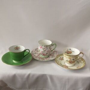Collection of Three Vintage Demitasse Teacups: Chintz, Green & Floral Design